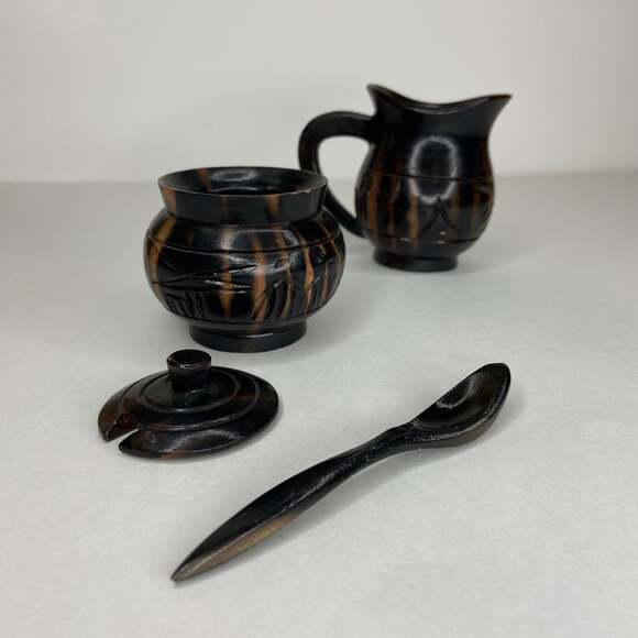 Vintage Wooden Handcarved Cream & Sugar Dishes - Picture 5 of 6